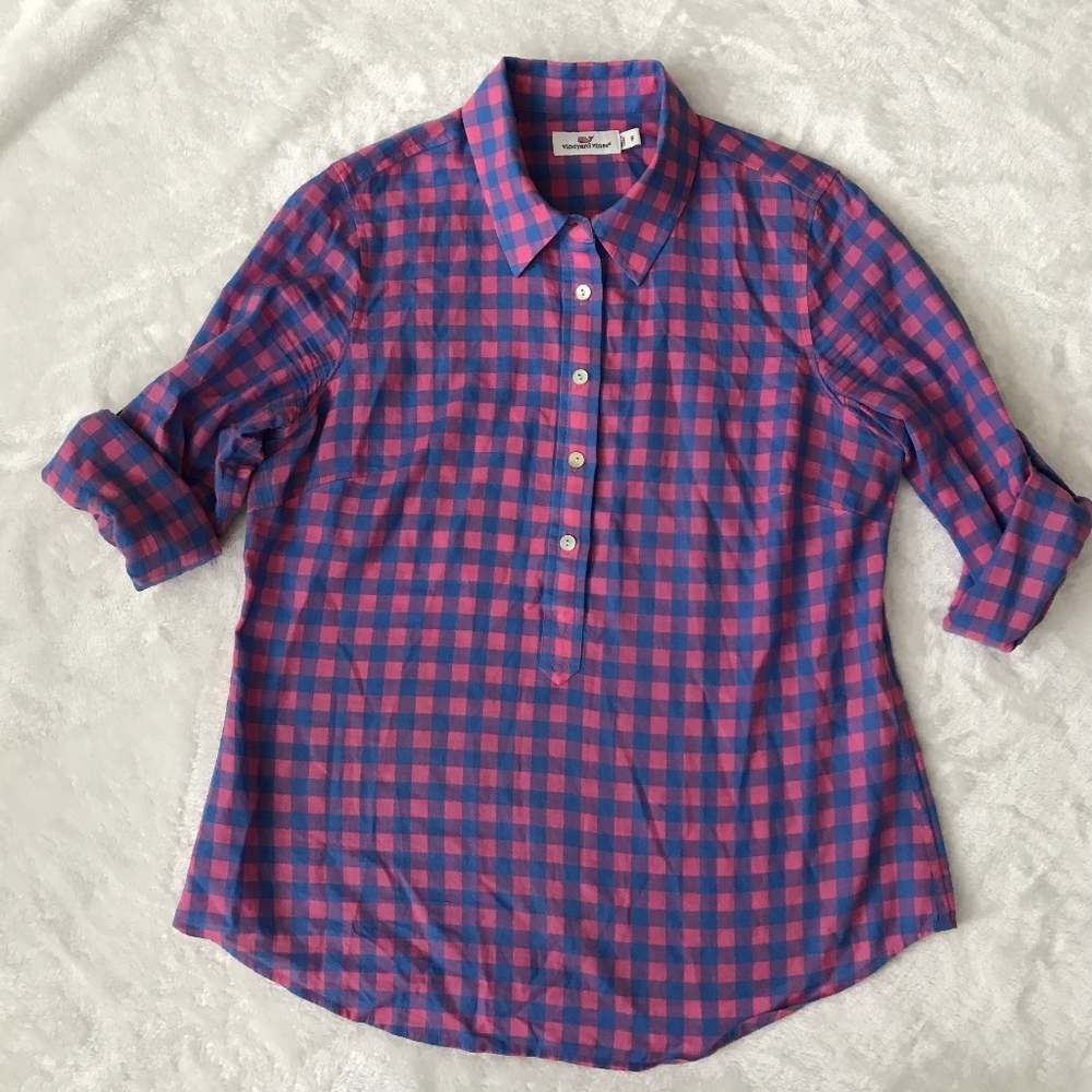 Vineyard Vines Blue Pink Button Down Blouse 6